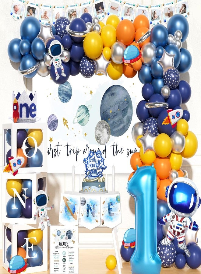 Fiesec First Trip Around the Sun Birthday Decorations, Outer Space 1st Birthday Decorations Balloon Garland Photo Highchair Banner Box Cutout Crown Poster Cake Topper Astronaut Spaceship 125 PCs - Image 1